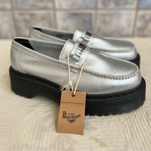 NEW Womens Size 10 Dr. Martens Penton II Quad Metallic Silver Leather Loafers - Picture 4 of 7